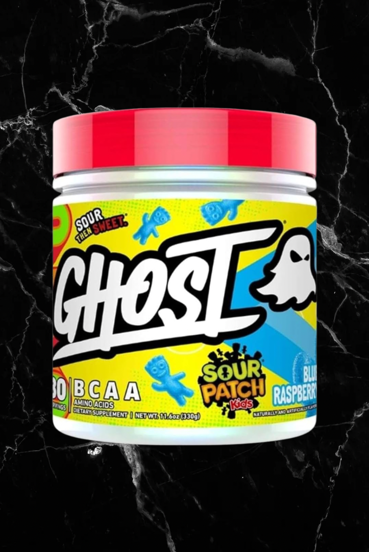 GHOST BCAAs Sour Patch Kids Blue Raspberry flavor with 7G BCAAs, vegan-friendly and gluten-free, in a colorful branded container.