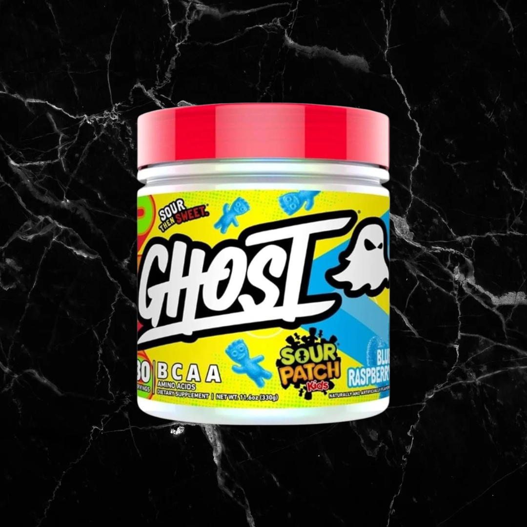 GHOST BCAAs Sour Patch Kids Blue Raspberry flavor with 7G BCAAs, vegan-friendly and gluten-free, in a colorful branded container.