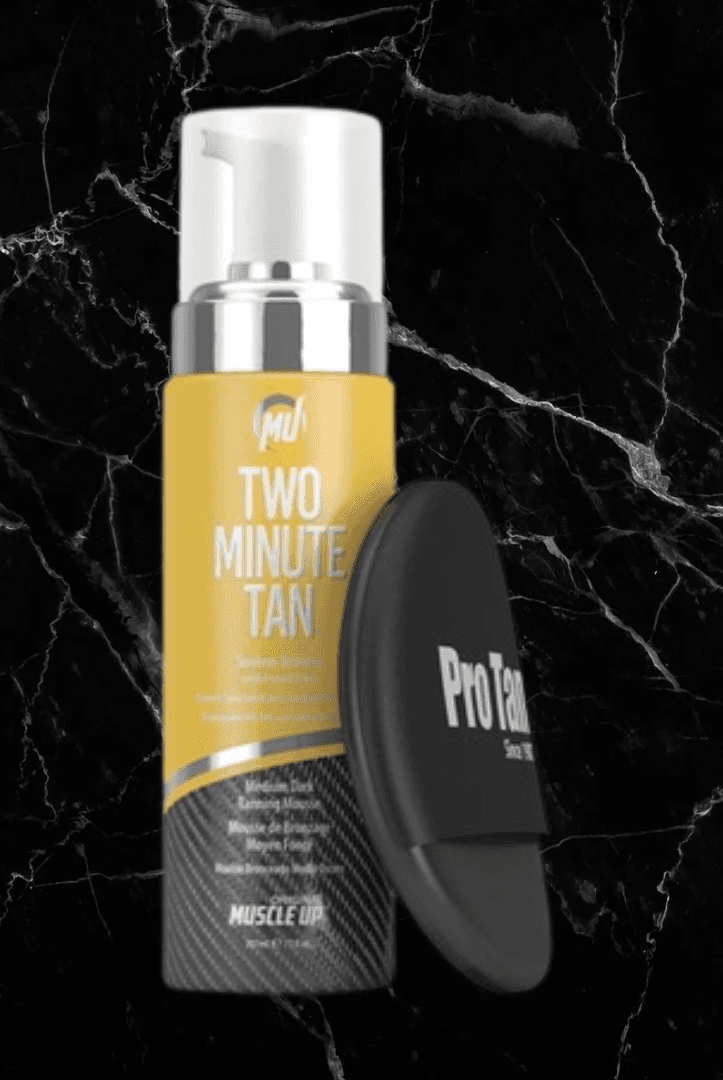 Pro Tan Two Minute Tan Instant Dark Tanning Mousse with applicator sponge on black marble background. Fast-acting self tanner for streak-free glow.