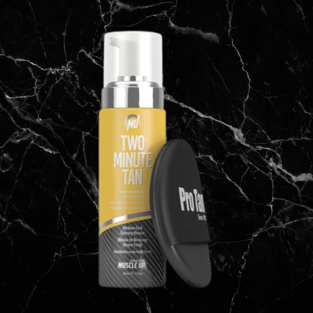Pro Tan Two Minute Tan Instant Dark Tanning Mousse with applicator sponge on black marble background. Fast-acting self tanner for streak-free glow.