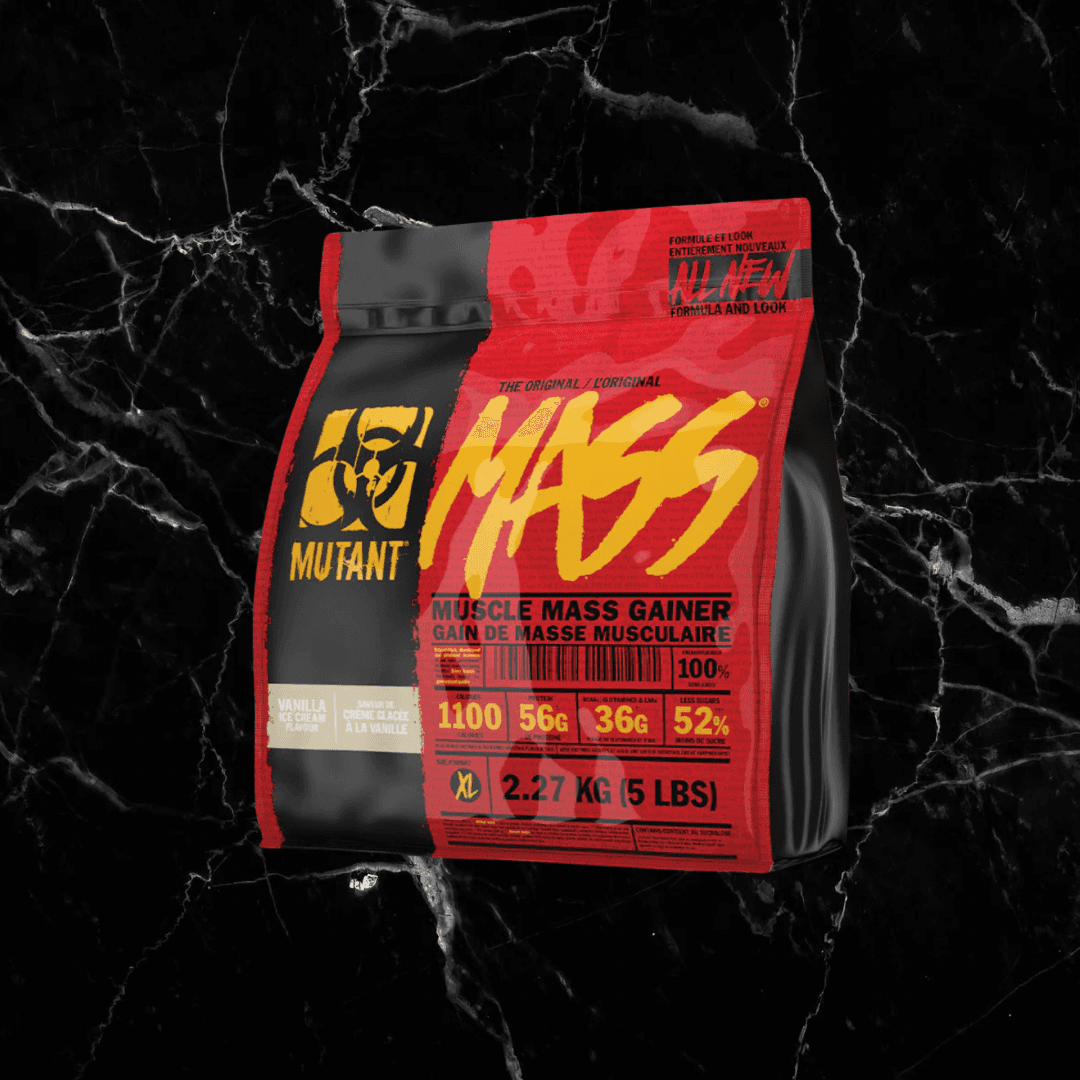 Vanilla Ice Cream Mutant Mass Gainer, 2.27kg pack with 56g protein and 36g EAAs, designed for effective weight gain and muscle recovery.