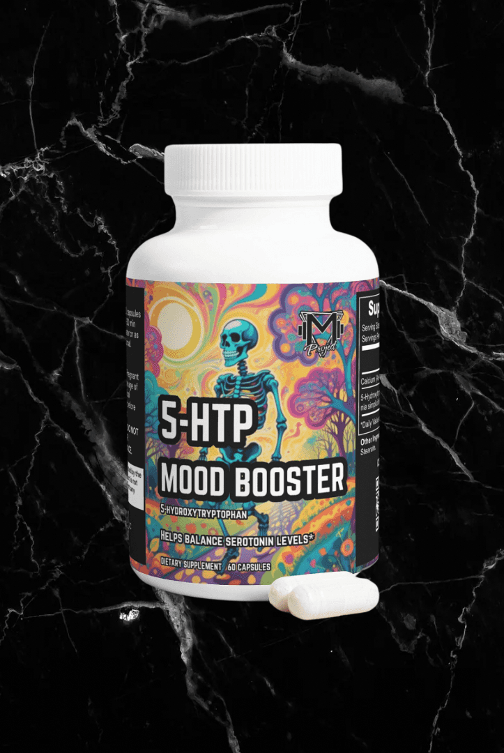 5-HTP Mood Booster serotonin supplement bottle with psychedelic label design, promotes mood, sleep, and weight loss support in herbal supplements.