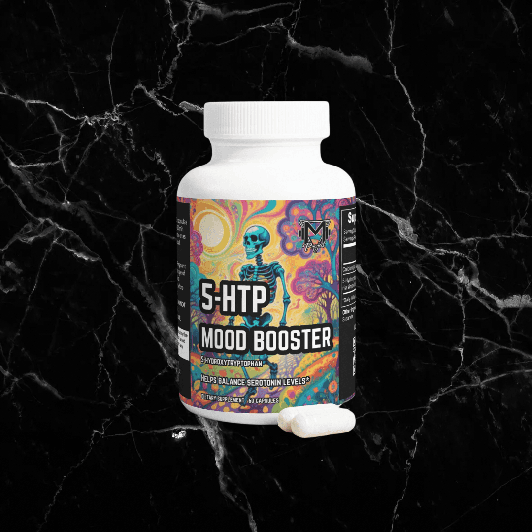 5-HTP Mood Booster serotonin supplement bottle with psychedelic label design, promotes mood, sleep, and weight loss support in herbal supplements.