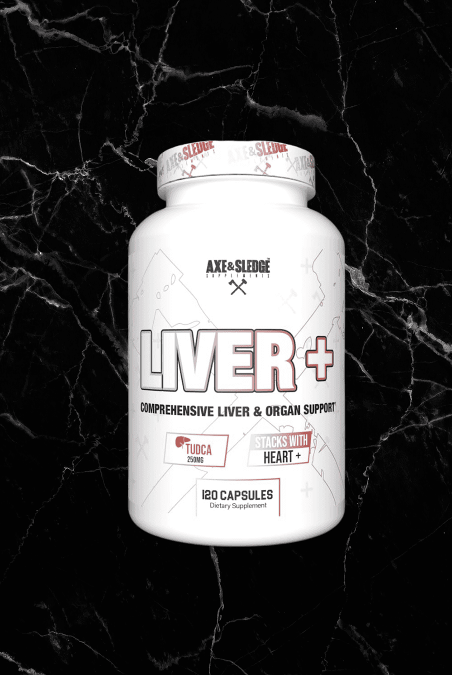 AXE & SLEDGE - Liver + liver health supplement bottle with 120 capsules for liver and organ support, featuring TUDCA and milk thistle.