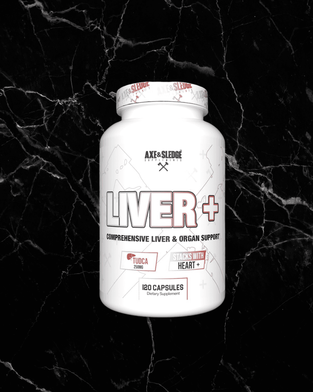 AXE & SLEDGE - Liver + liver health supplement bottle with 120 capsules for liver and organ support, featuring TUDCA and milk thistle.