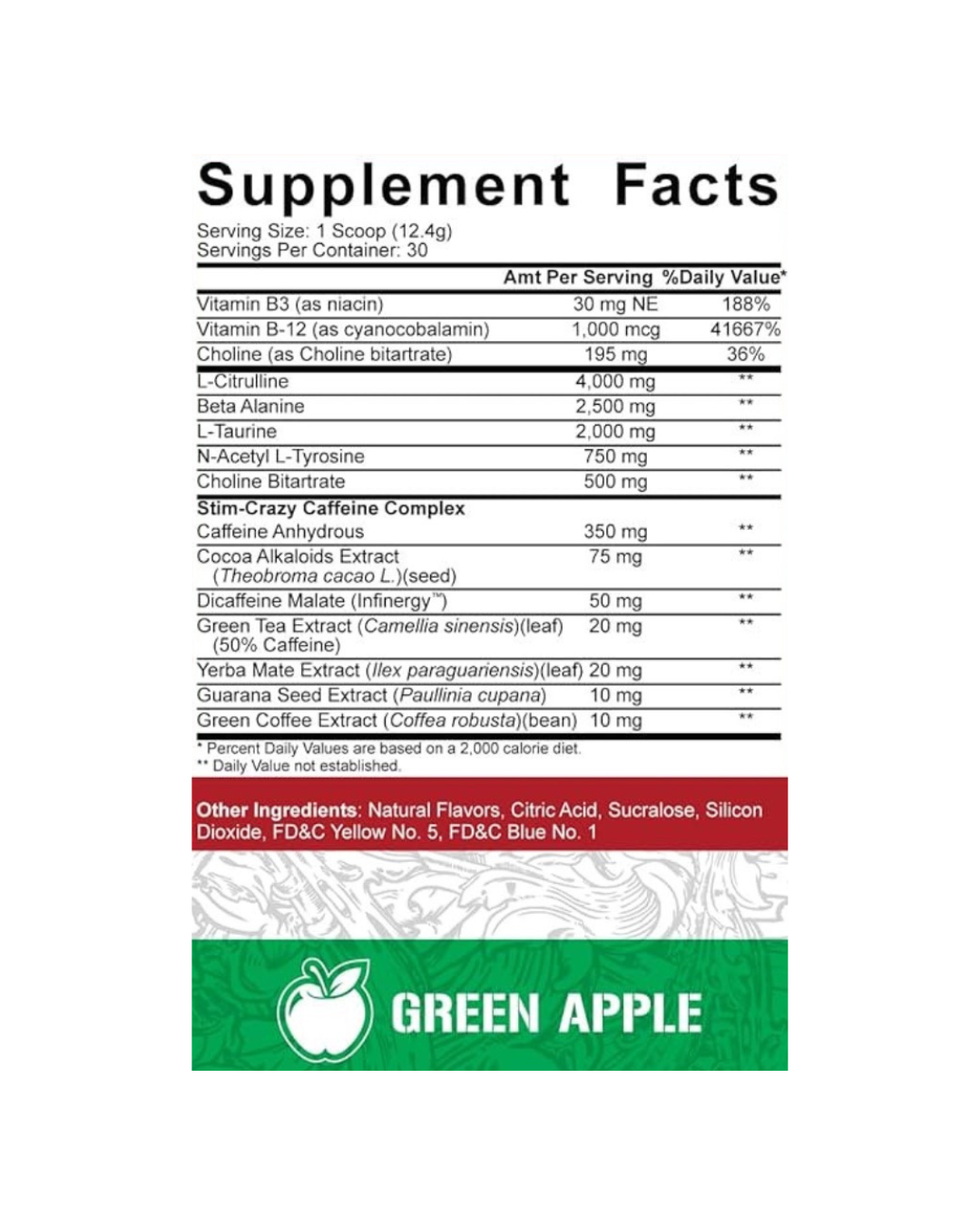 Green Apple flavor supplement facts of Rich Piana 5% Nutrition 5150 Pre-Workout listing high-stimulant blend and performance-enhancing nutrients.