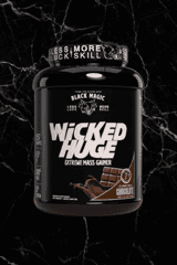 Black Magic Wicked Huge chocolate mass gainer supplement featuring 1200 calories, 247g carbs, and 54g protein for extreme size gains.