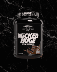 Black Magic Wicked Huge chocolate mass gainer supplement featuring 1200 calories, 247g carbs, and 54g protein for extreme size gains.