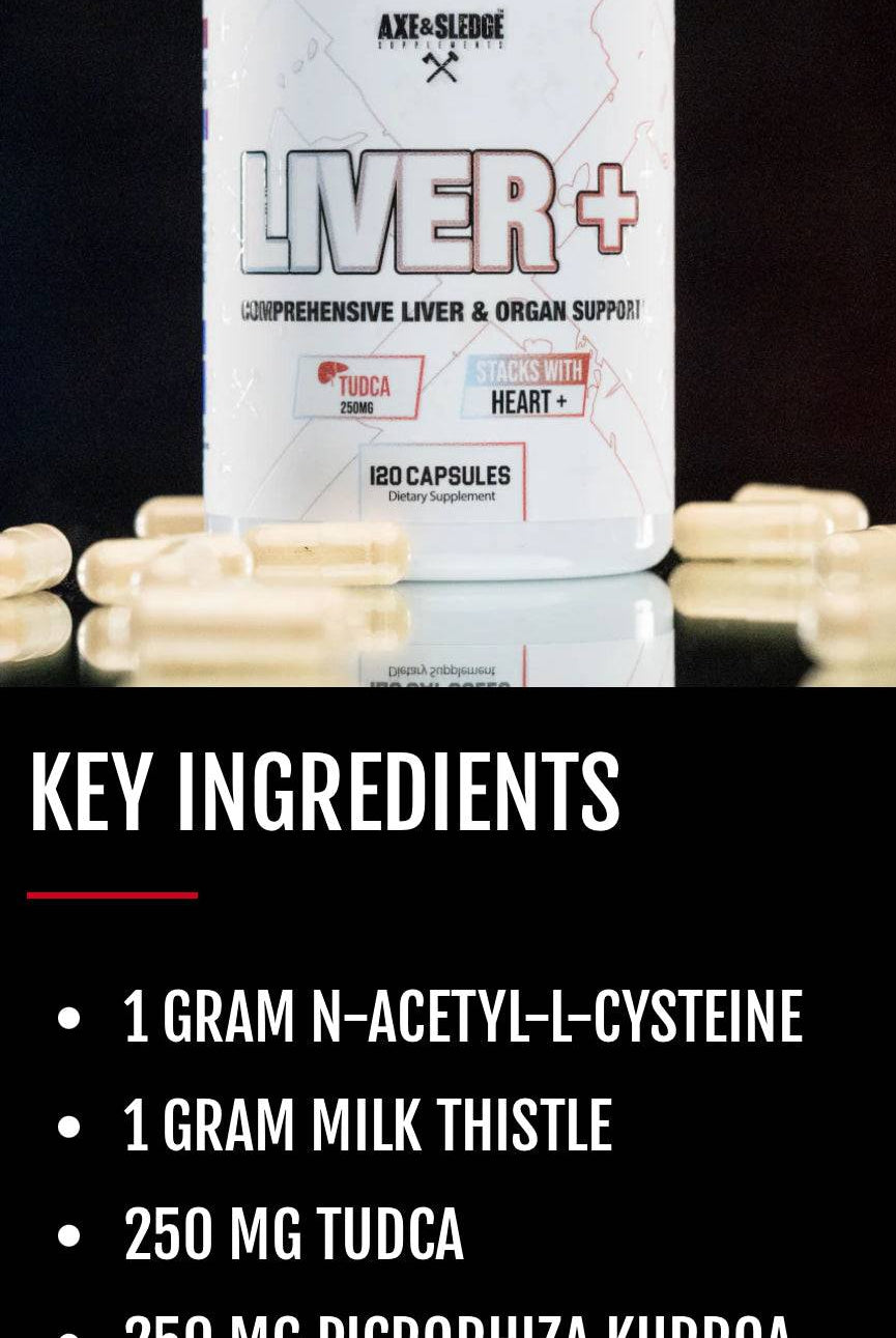 AXE & SLEDGE - Liver + liver health supplement bottle with key ingredients listed including 1g milk thistle, 250mg TUDCA, and 50mg AstraGin.