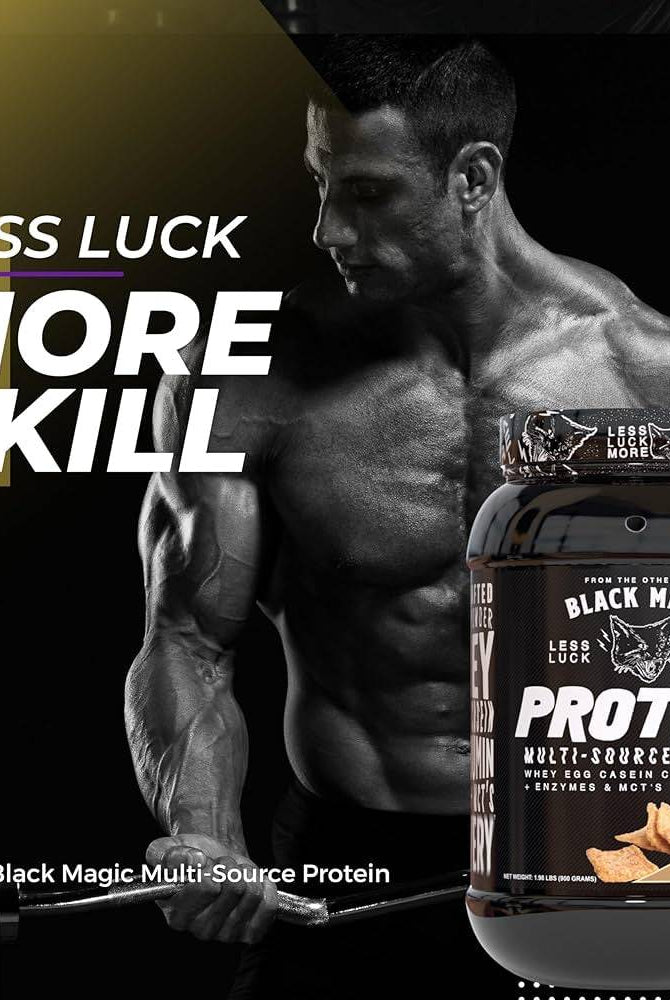 Black Magic Protein with bodybuilder and slogan 'Less Luck More Skill'