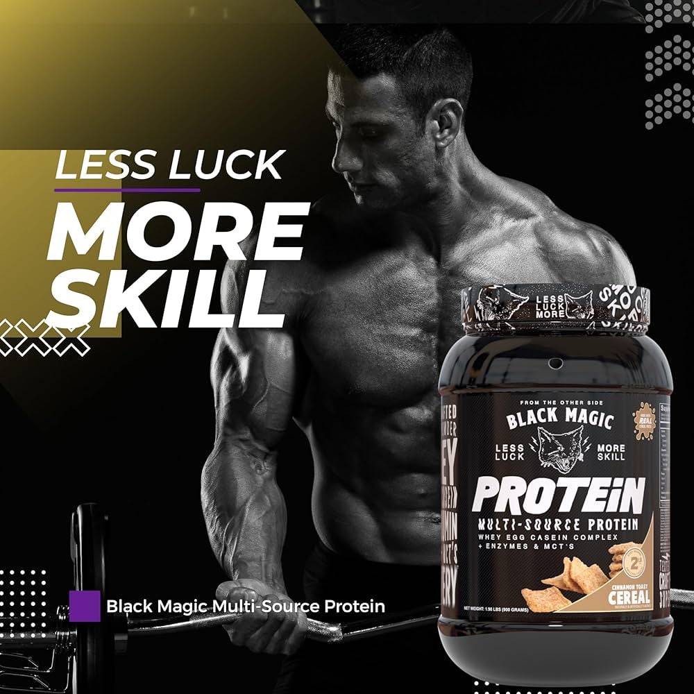 Black Magic Protein with bodybuilder and slogan 'Less Luck More Skill'