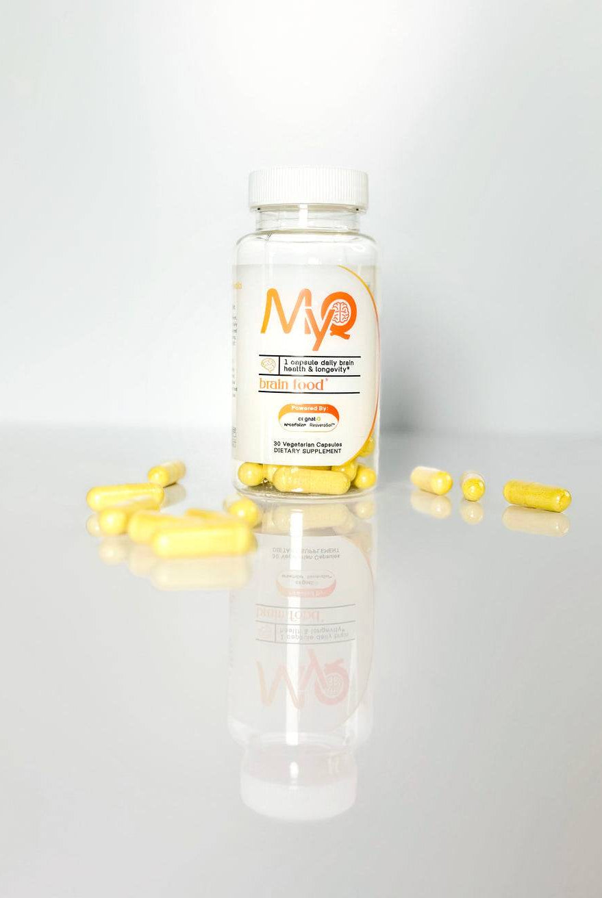 MYQ Brain Food vitamins bottle with scattered capsules