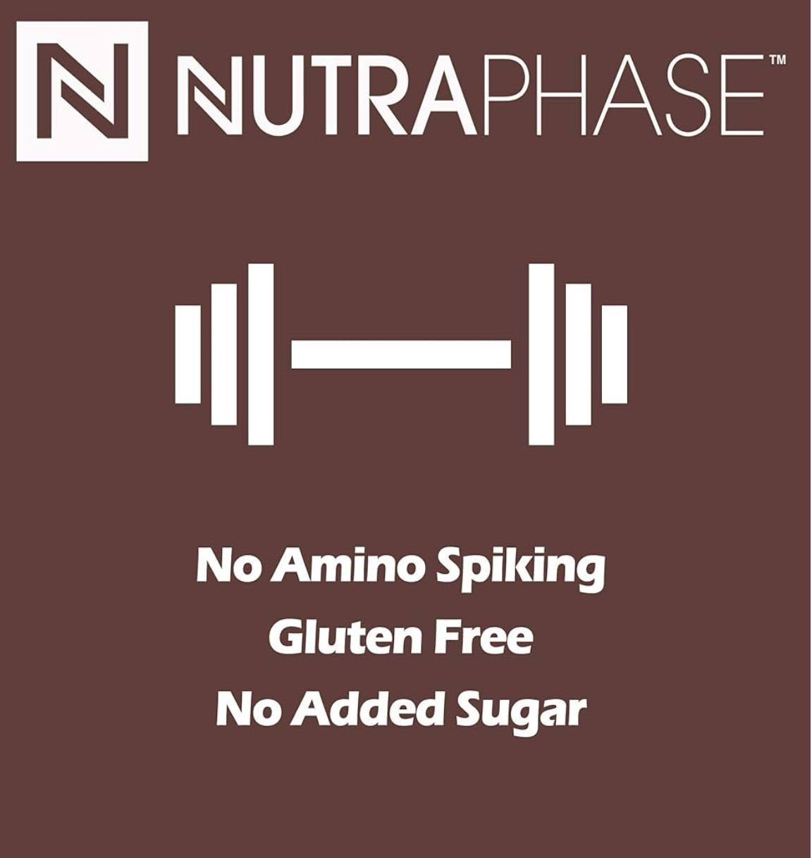 NutraPhase logo with fitness icon and product highlights: no amino spiking, gluten free, and no added sugar, promoting clean whey protein benefits.
