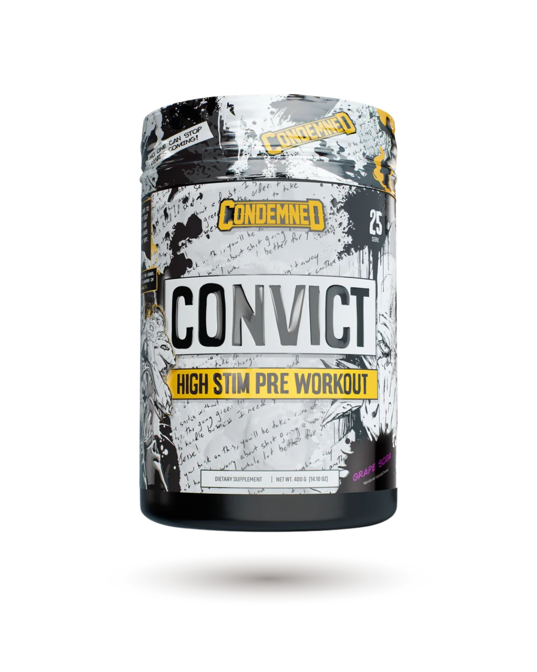 Condemned Convict Pre-Workout in Grape flavor, high stim formula for energy, pumps, and endurance. Ideal for intense fitness performance.