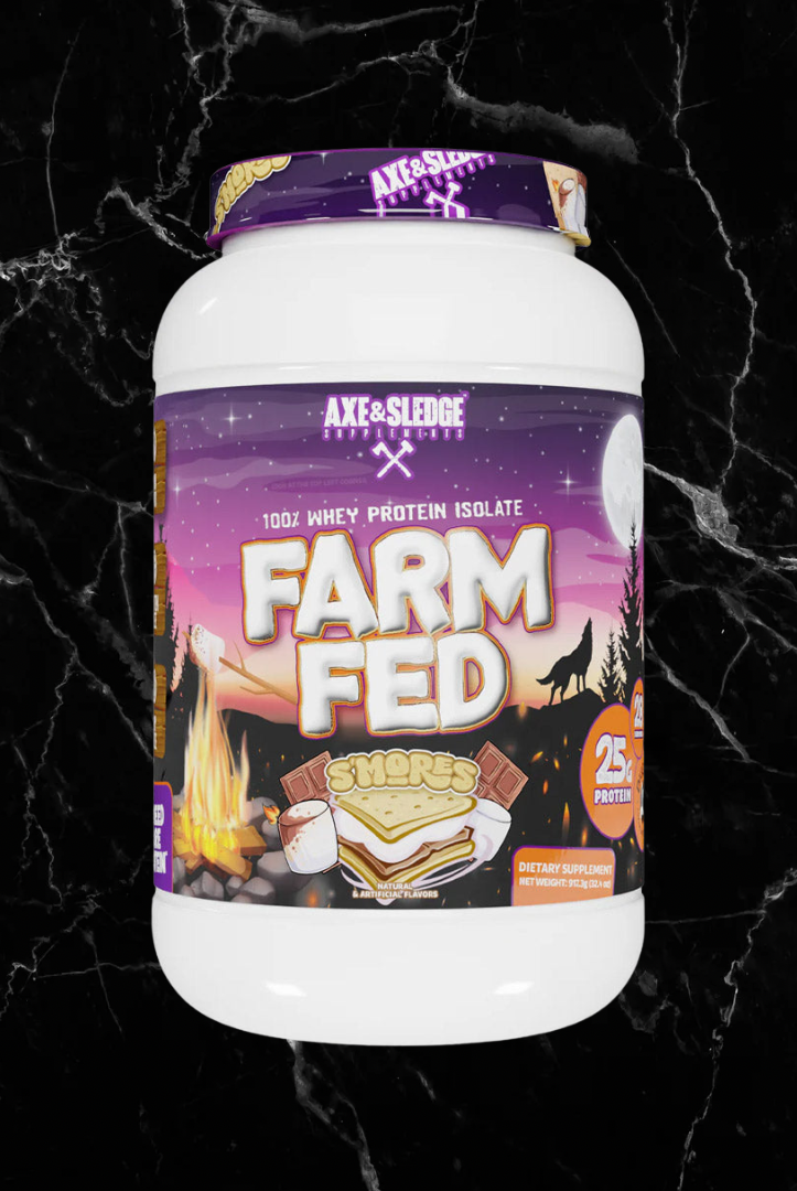 Farm Fed Protein - Pure Isolate Powerhouse in S'mores flavor by Axe & Sledge, featuring 25g protein per serving and low carb formula.