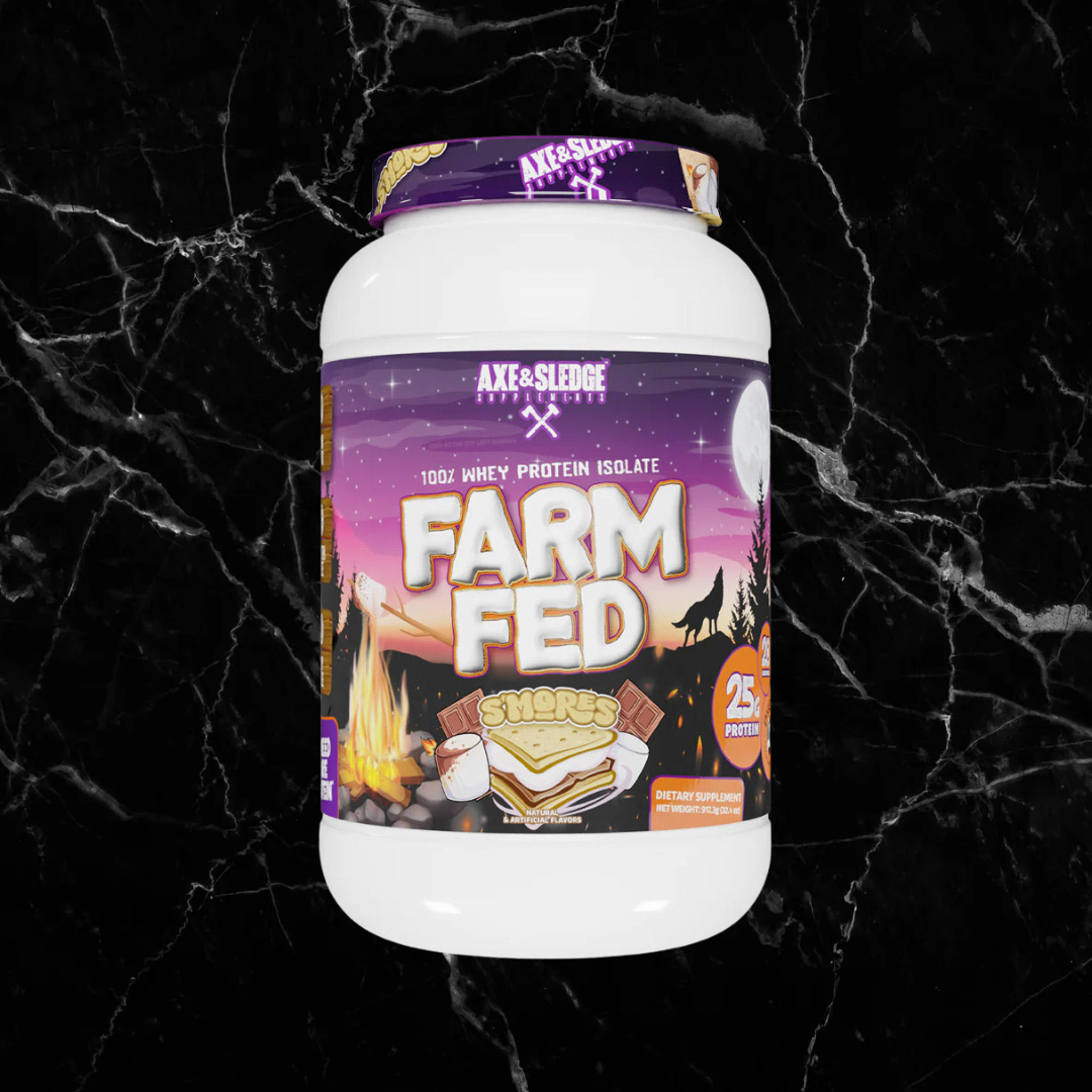 Farm Fed Protein - Pure Isolate Powerhouse in S'mores flavor by Axe & Sledge, featuring 25g protein per serving and low carb formula.
