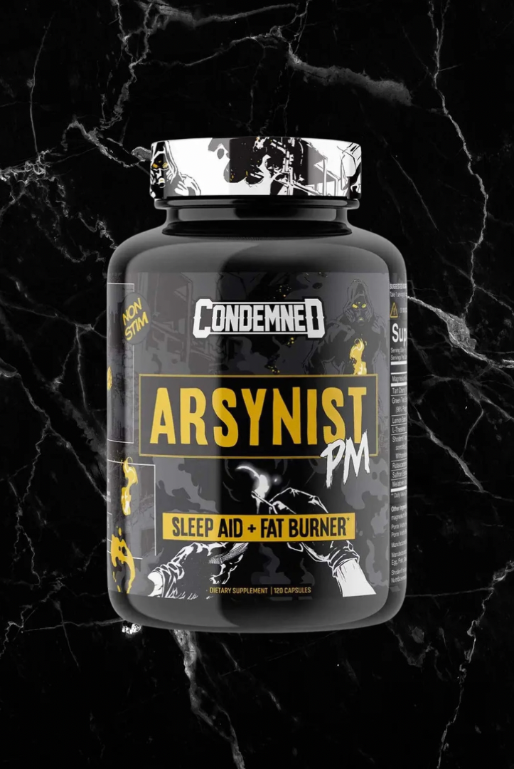 CONDEMNED ARSYNIST PM nighttime burner capsules bottle on black marble background. Supports sleep aid and metabolism boost for fat burning.