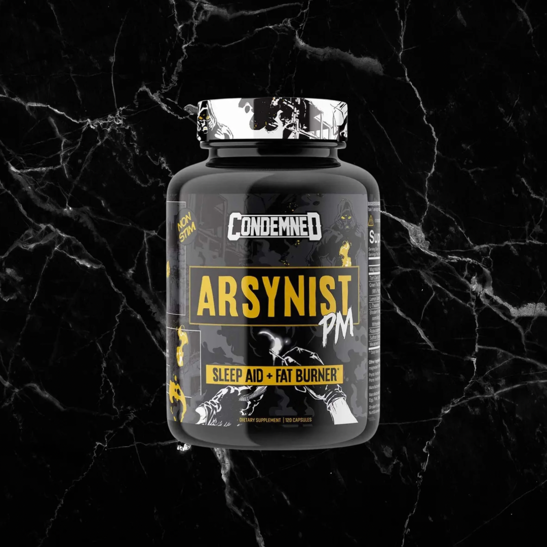 CONDEMNED ARSYNIST PM nighttime burner capsules bottle on black marble background. Supports sleep aid and metabolism boost for fat burning.
