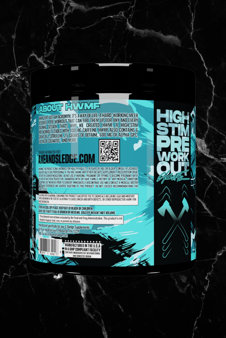 Back label of Axe & Sledge HWMF Blue Colada Pre Workout highlighting high stim formula, usage instructions, and brand mission for fitness enthusiasts.