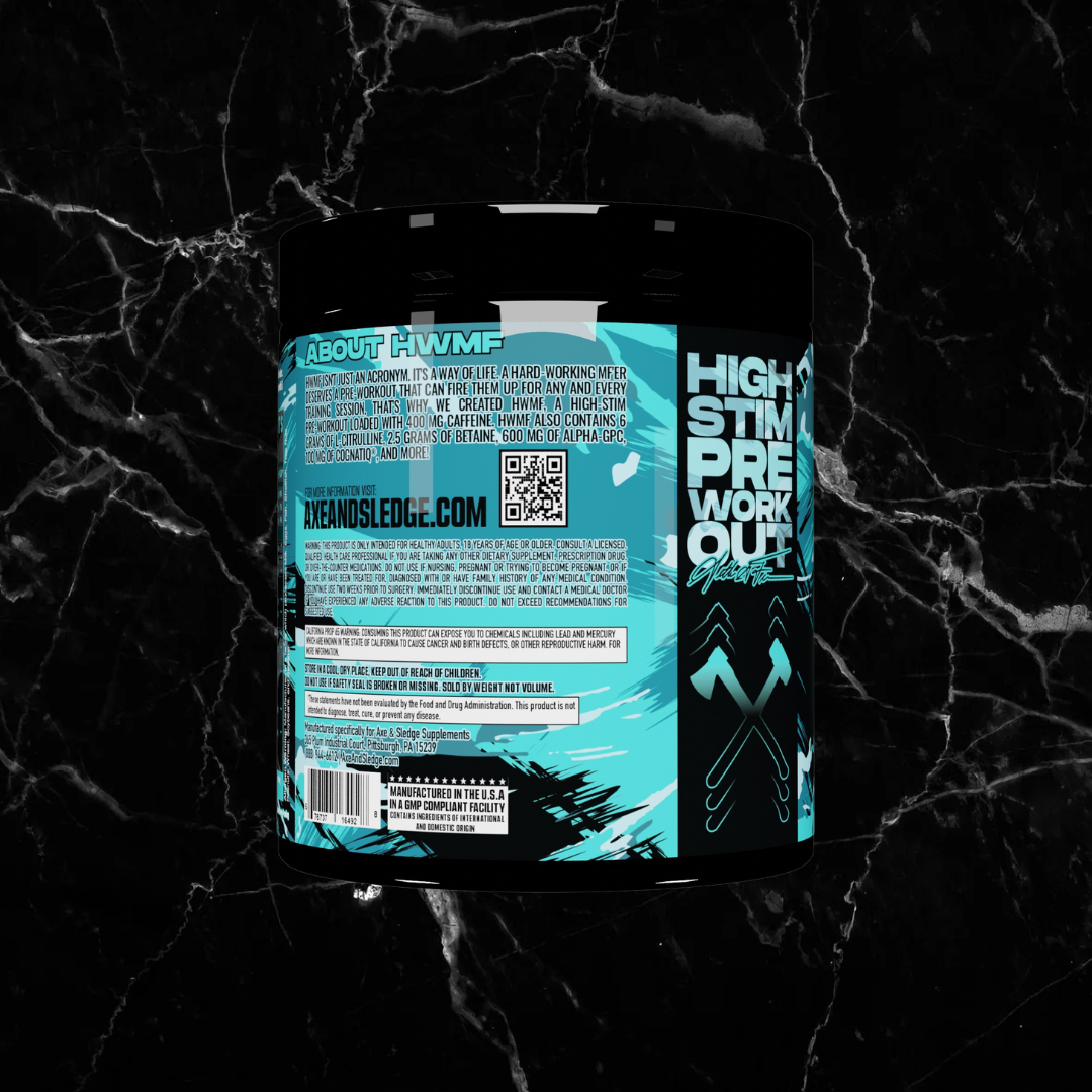 Back label of Axe & Sledge HWMF Blue Colada Pre Workout highlighting high stim formula, usage instructions, and brand mission for fitness enthusiasts.