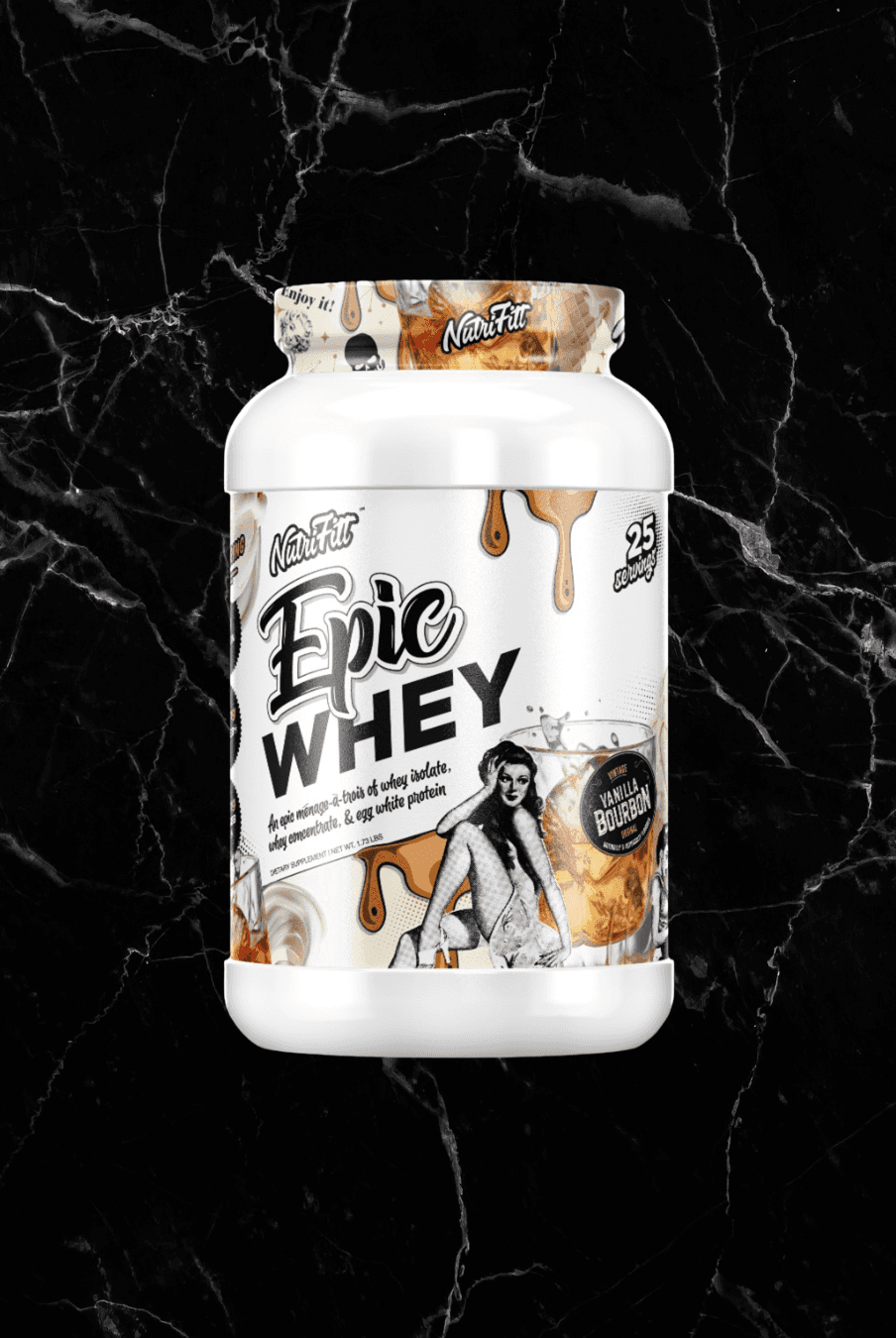 Nutrifitt Epic Whey Protein Vanilla Bourbon flavor tub with classic pin-up artwork, now at BulkBully Supplements. Smooth protein isolate for fitness and nutrition goals.