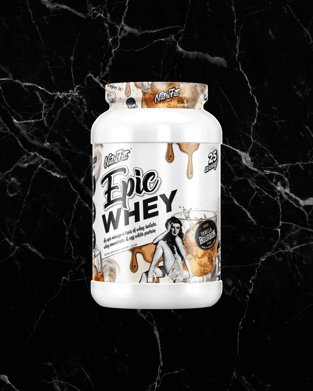 Nutrifitt Epic Whey Protein Vanilla Bourbon flavor tub with classic pin-up artwork, now at BulkBully Supplements. Smooth protein isolate for fitness and nutrition goals.