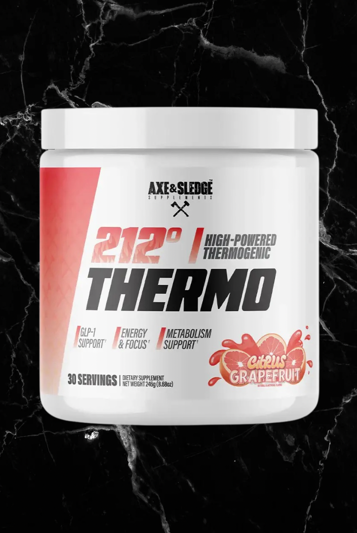 AXE & SLEDGE 212º Thermogenic Weight Loss supplement in Citrus Grapefruit flavor. Designed for energy, focus, and thermogenic fat-burning support.