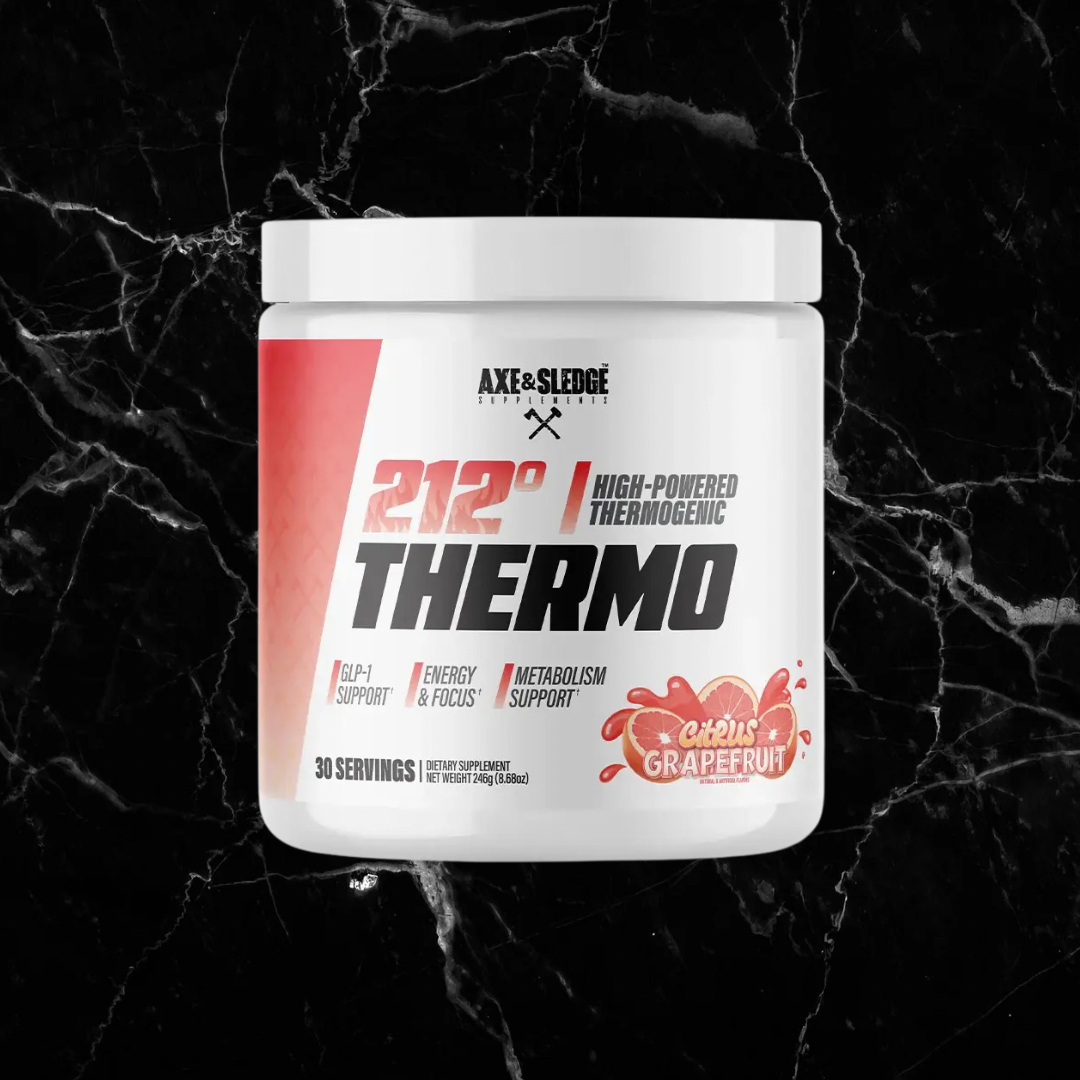 AXE & SLEDGE 212º Thermogenic Weight Loss supplement in Citrus Grapefruit flavor. Designed for energy, focus, and thermogenic fat-burning support.