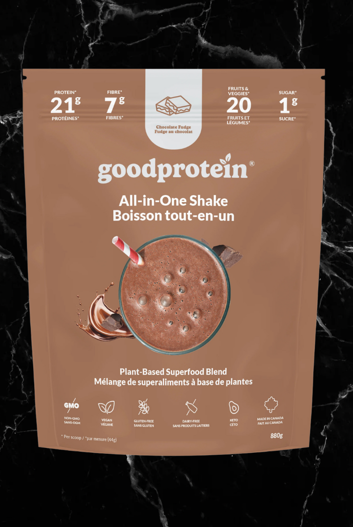 goodprotein Plant Blend Chocolate Fudge flavor, all-in-one vegan protein shake with 21g protein and 20 superfoods, in a brown pouch for health supplements.