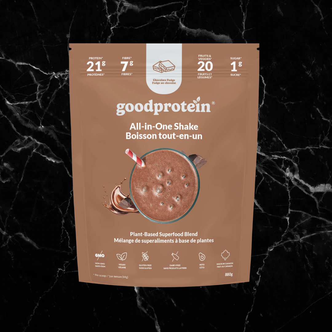 goodprotein Plant Blend Chocolate Fudge flavor, all-in-one vegan protein shake with 21g protein and 20 superfoods, in a brown pouch for health supplements.