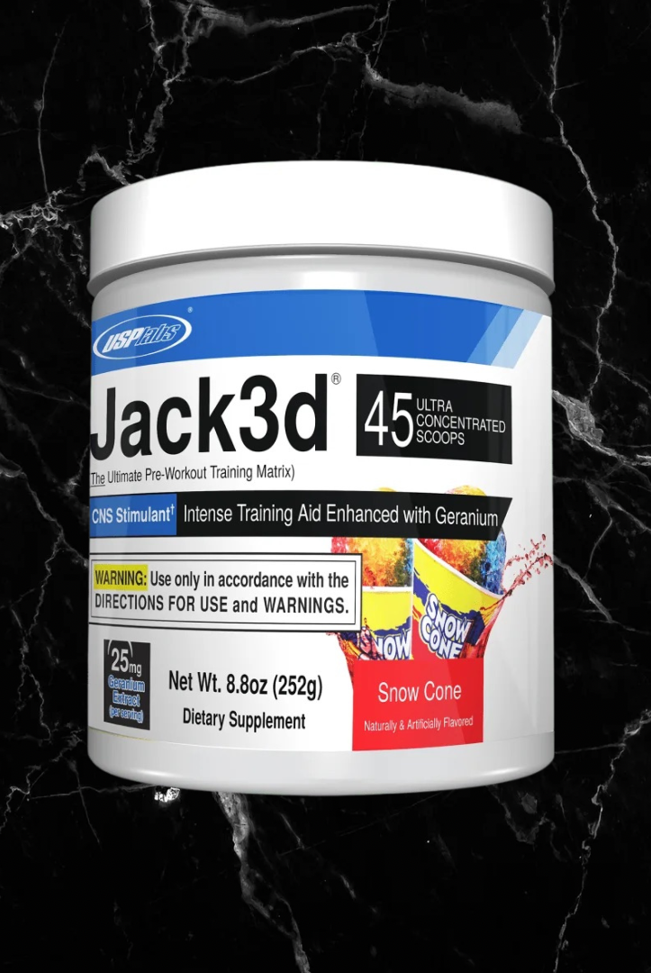 USP Labs Jack3d DMHA Pre-Workout Snow Cone flavor with 45 servings for energy and focus. High stim supplement for intense training sessions.