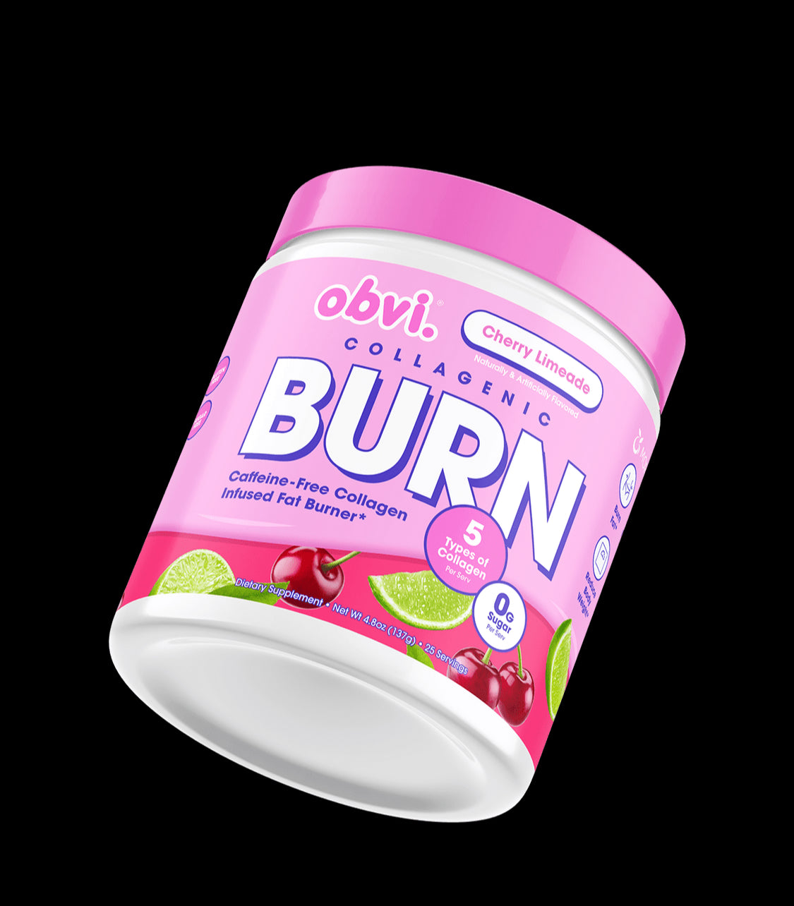 Obvi Collagenic Burn Powder in Cherry Limeade flavor, a caffeine-free collagen fat burner for weight loss and skin health in a pink container.