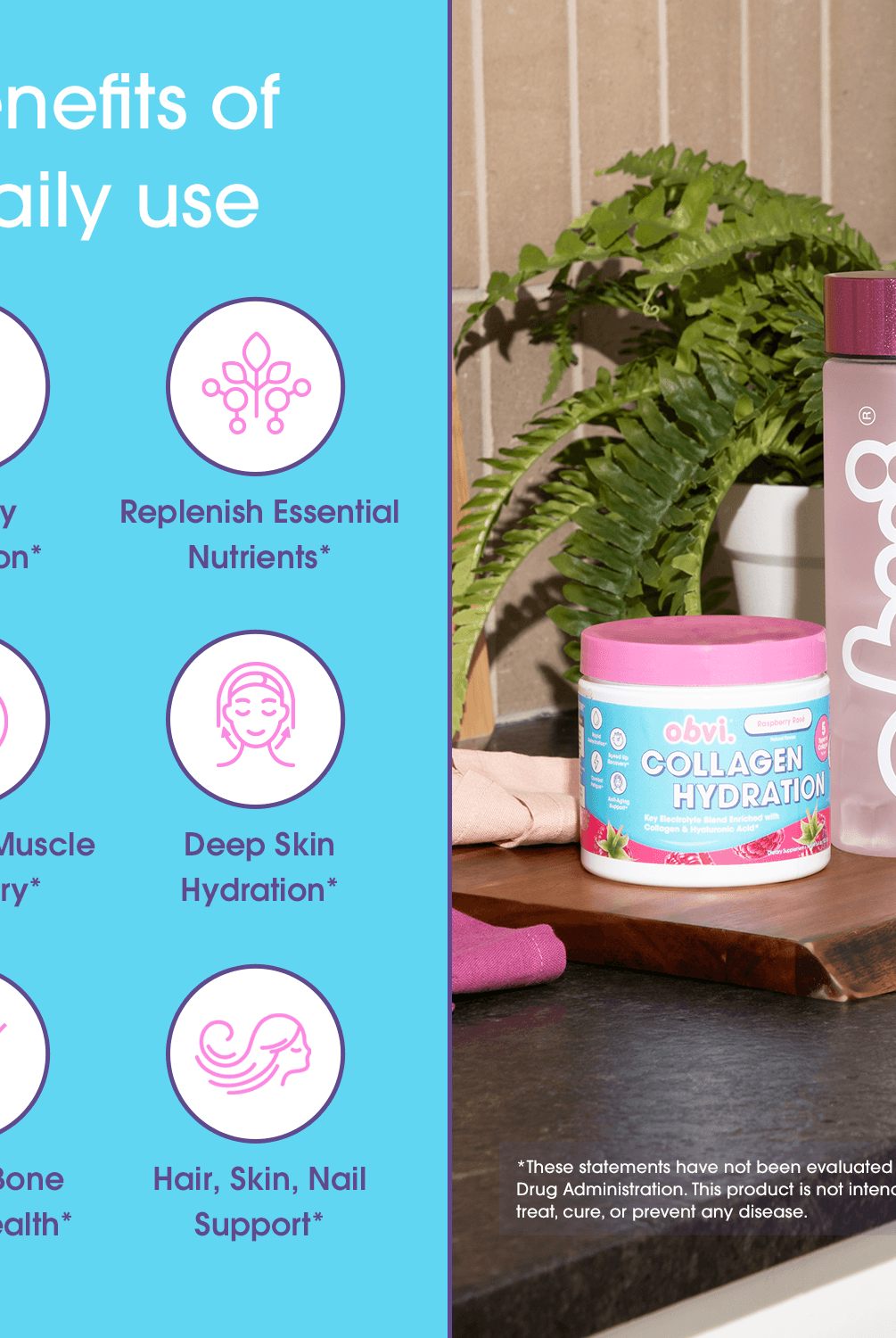 Obvi Hydration Raspberry Rose benefits chart showing hydration, nutrient replenishment, skin and joint support, with product and bottle displayed.