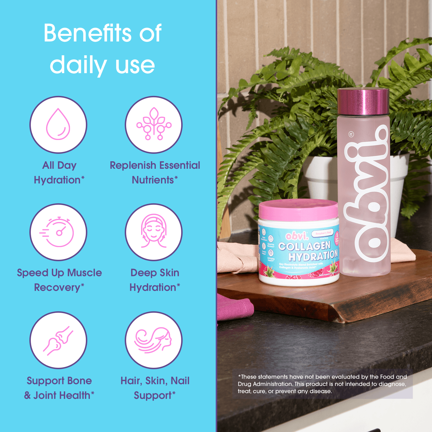 Obvi Hydration Raspberry Rose benefits chart showing hydration, nutrient replenishment, skin and joint support, with product and bottle displayed.
