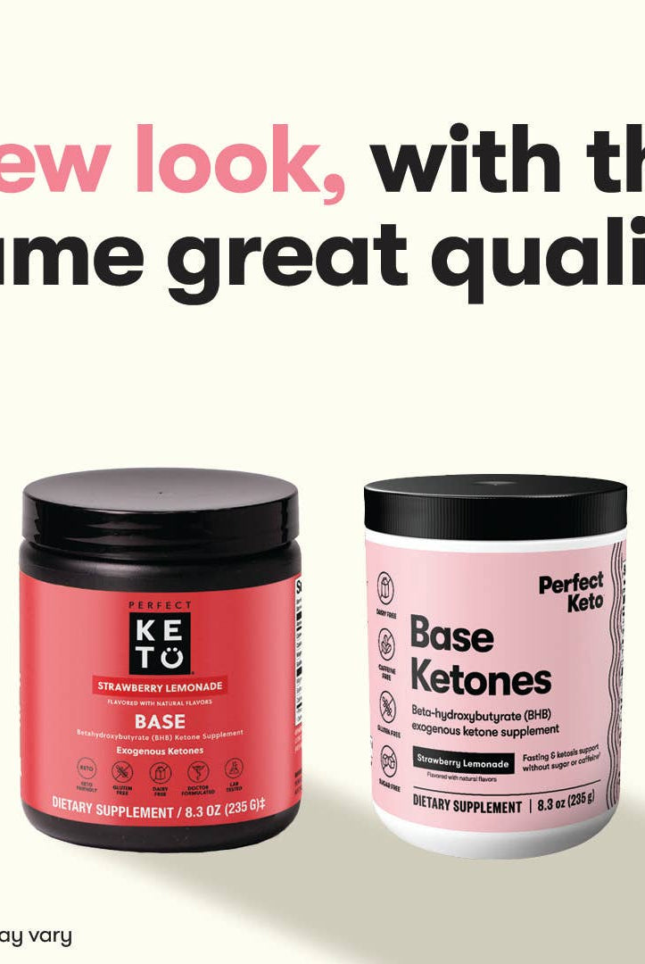 Perfect Keto Base Ketones new and old packaging comparison for Strawberry Lemonade flavor, same formula for ketosis and energy.