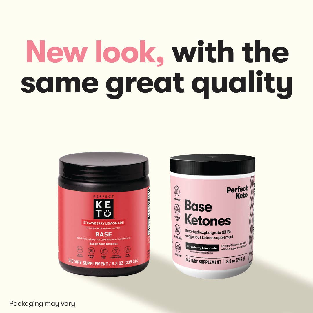 Perfect Keto Base Ketones new and old packaging comparison for Strawberry Lemonade flavor, same formula for ketosis and energy.