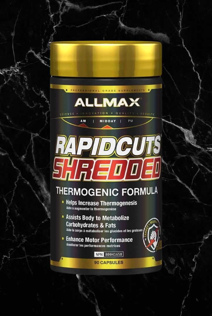 Allmax RAPIDCUTS SHREDDED 90 capsules thermogenic fat burner for weight management and enhanced metabolism support in fitness nutrition.
