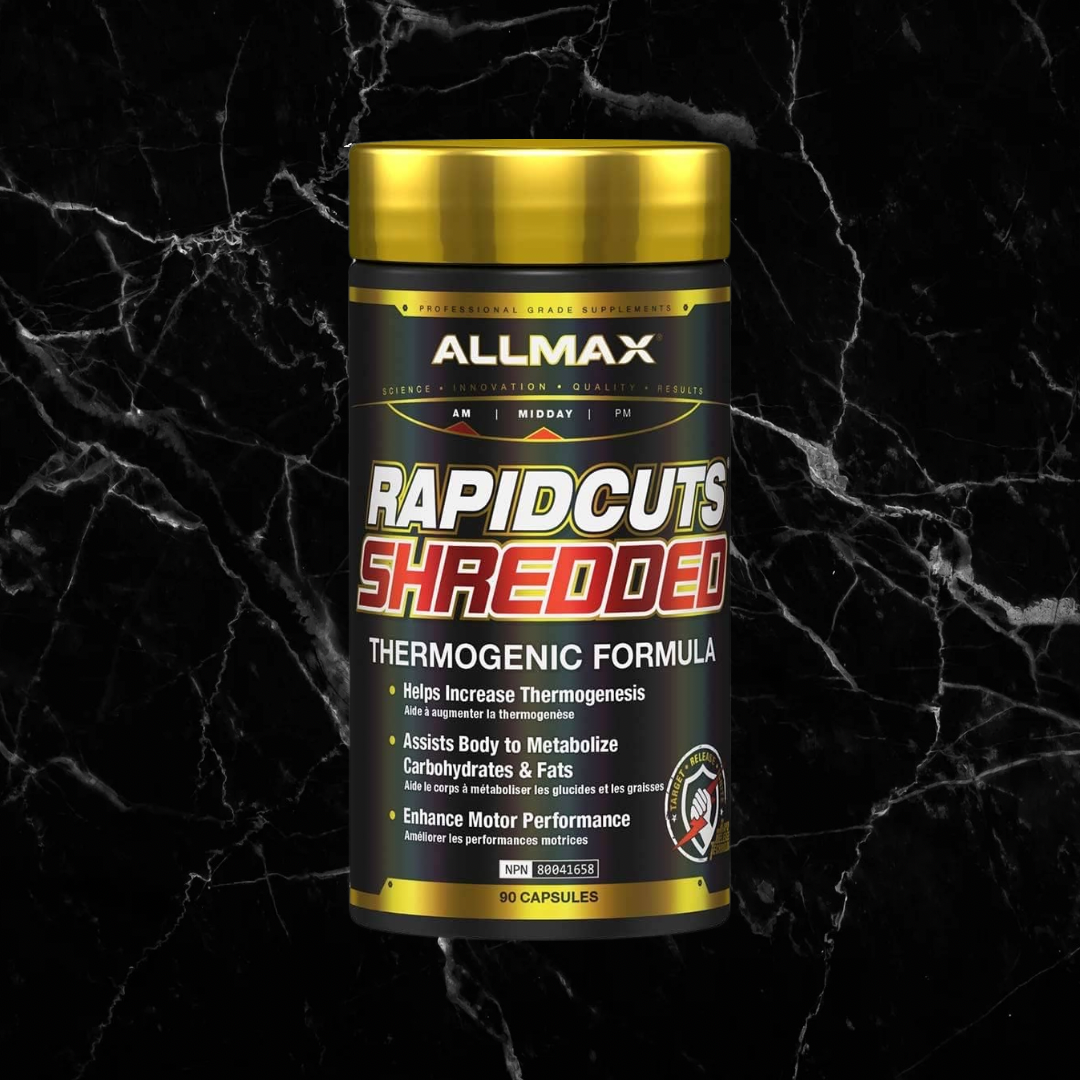 Allmax RAPIDCUTS SHREDDED 90 capsules thermogenic fat burner for weight management and enhanced metabolism support in fitness nutrition.