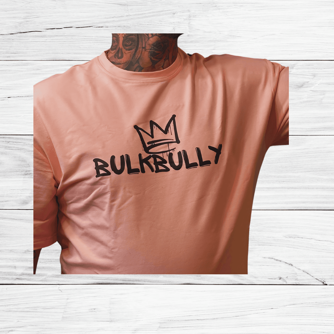 Mens Oversized Tee from BulkBully's G.O.A.L.S Collection in pink with bold BULKBULLY crown logo on chest. Ideal for streetwear fashion.