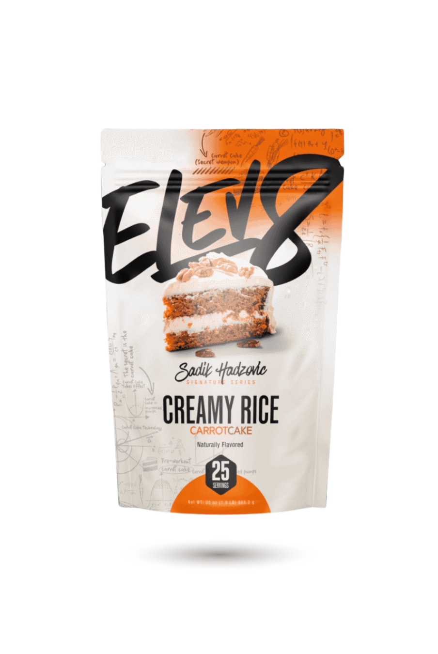 ELEV8 Creamy Rice Snack Carrot Cake flavor by Sadik Hadzovic. Clean, dairy-free nutrition for athletes and health-conscious consumers.