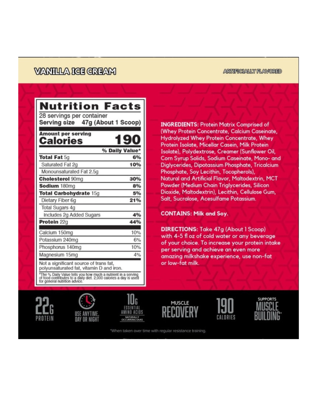 BSN SYNTHA-6 Vanilla Ice Cream nutrition facts with 190 calories, 22g protein, and amino acid profile for muscle building and post-workout recovery.