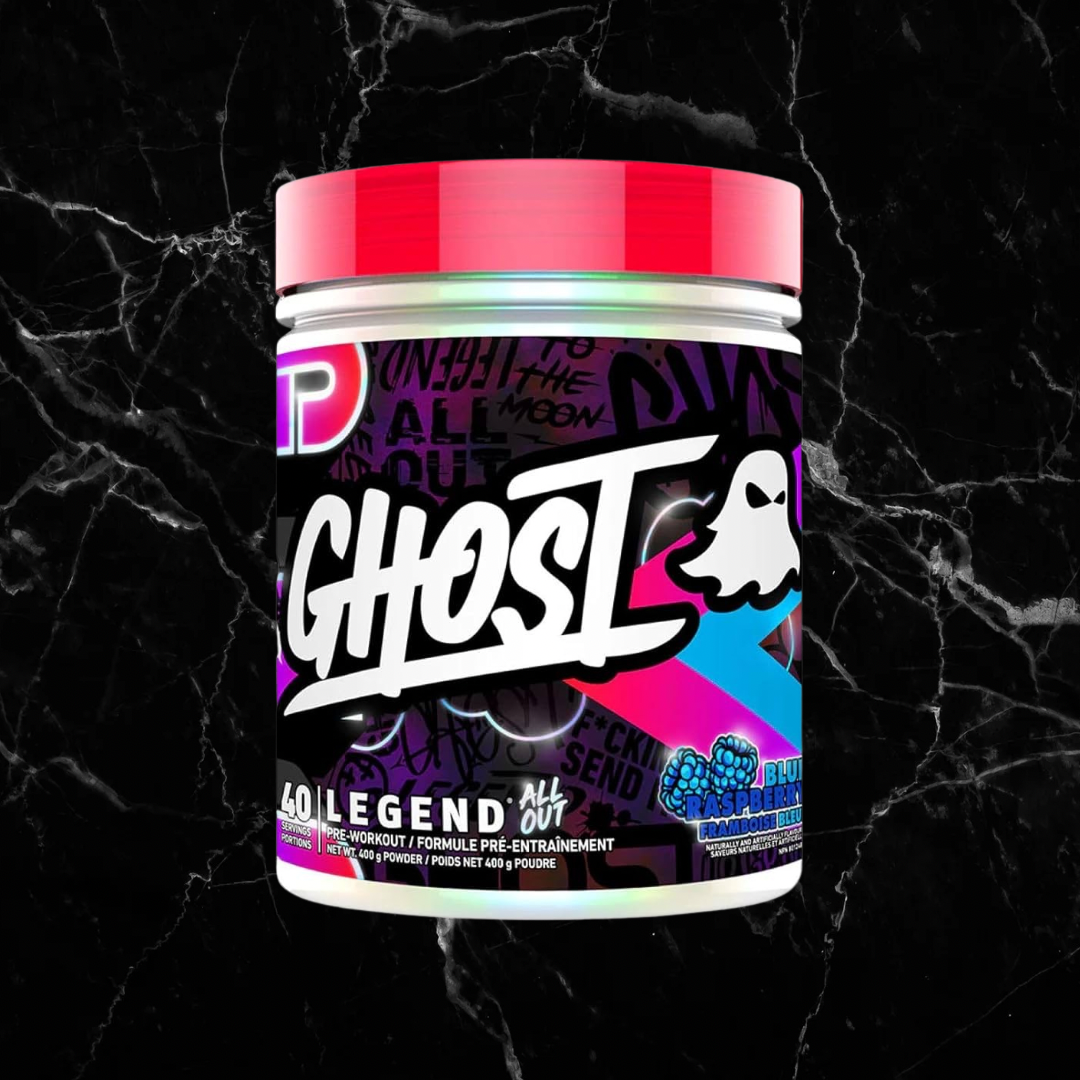Ghost Legend All Out Pre Workout Blue Raspberry tub with bold graffiti-style label featuring Ghost logo. High stim formula with 400mg caffeine and citrulline.