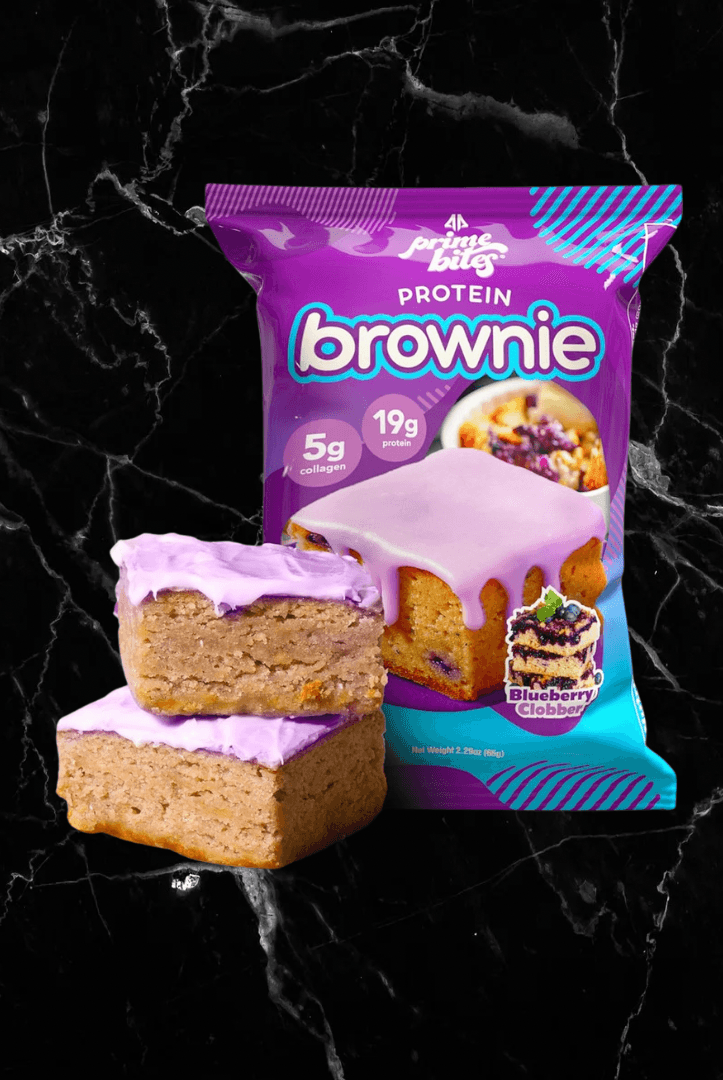 Alpha Prime Bites Blueberry Cobbler Protein Brownie with 19g protein and 5g collagen, ideal for nutritious snacking in fitness nutrition.