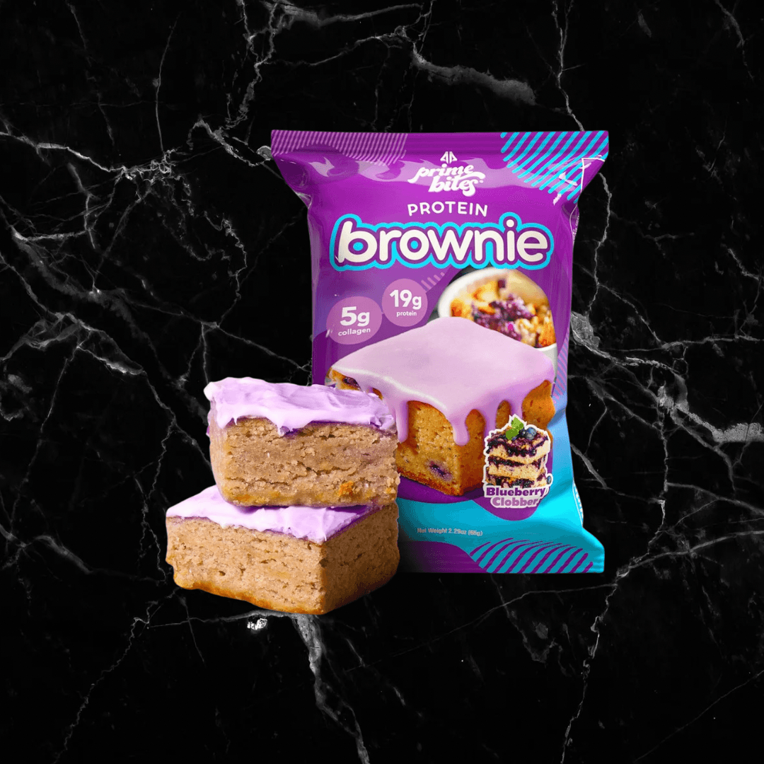 Alpha Prime Bites Blueberry Cobbler Protein Brownie with 19g protein and 5g collagen, ideal for nutritious snacking in fitness nutrition.