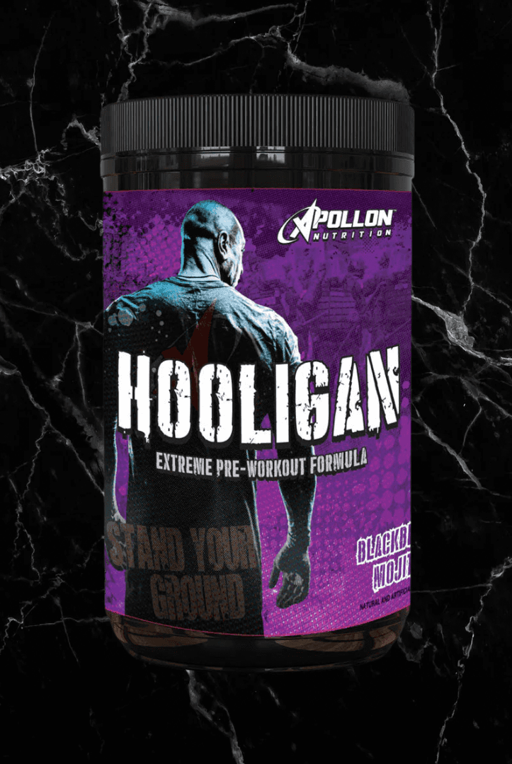 Hooligan Pre Workout - Blackberry Mojito by Apollon Nutrition, extreme pre workout with 550mg caffeine for intense energy and mega pumps.
