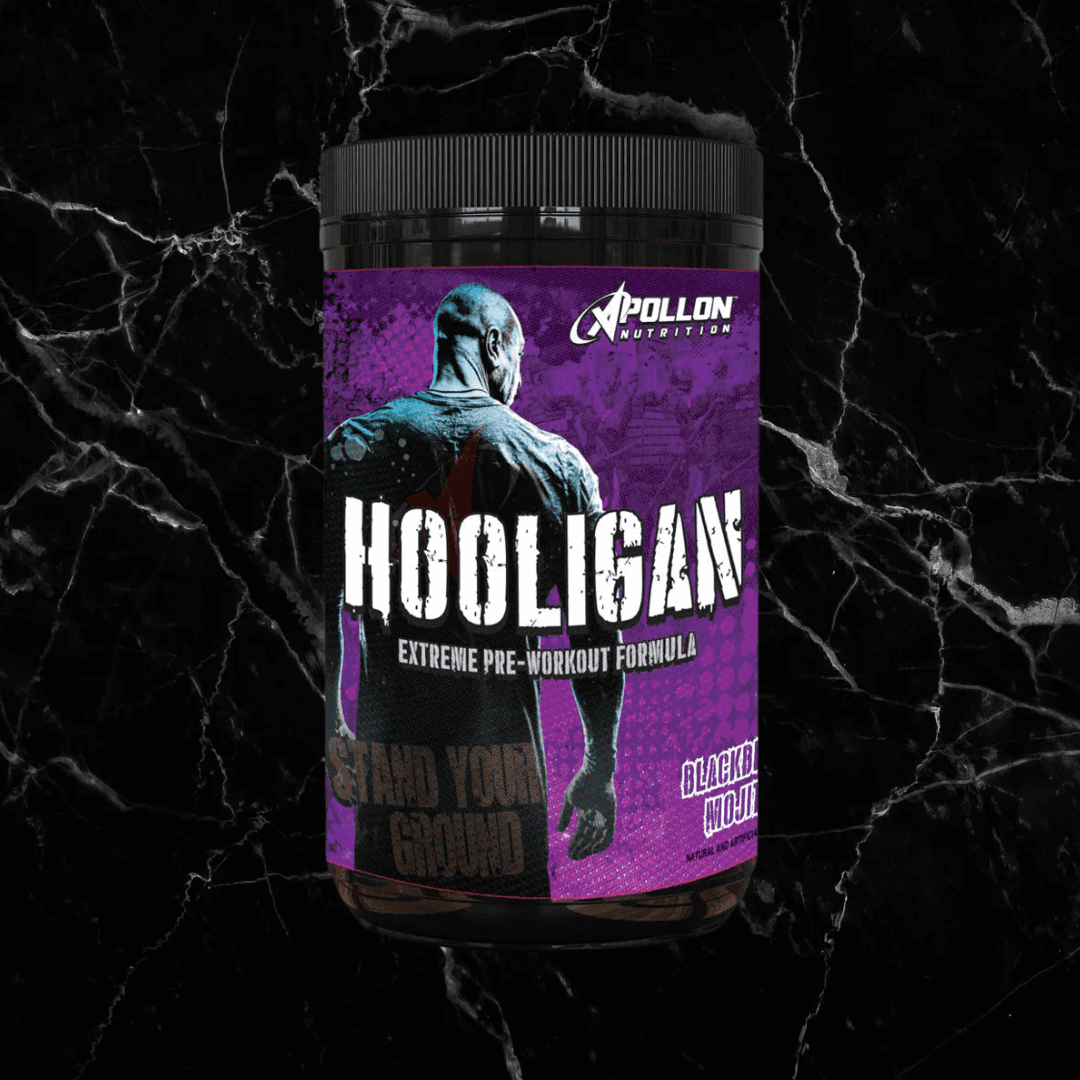 Hooligan Pre Workout - Blackberry Mojito by Apollon Nutrition, extreme pre workout with 550mg caffeine for intense energy and mega pumps.