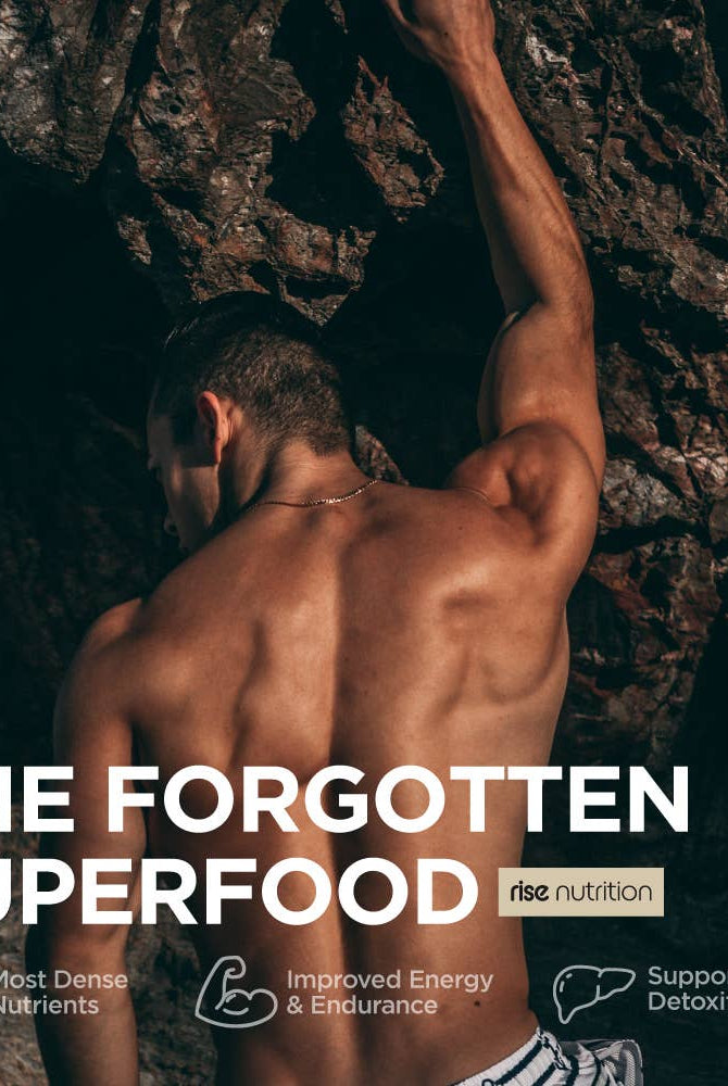 Athletic man climbing rocks with text promoting Rise Nutrition Grass Fed Beef Liver Capsules as a superfood for energy, endurance, and detox support.