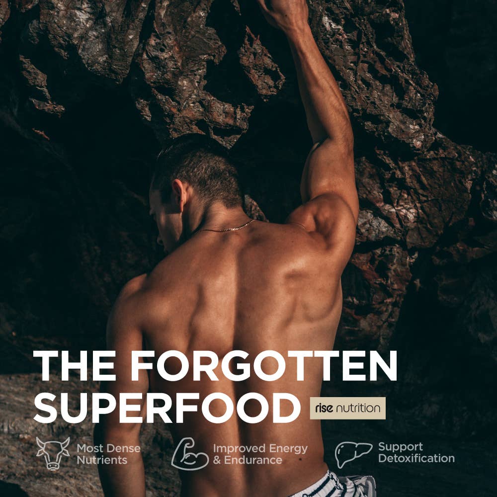 Athletic man climbing rocks with text promoting Rise Nutrition Grass Fed Beef Liver Capsules as a superfood for energy, endurance, and detox support.
