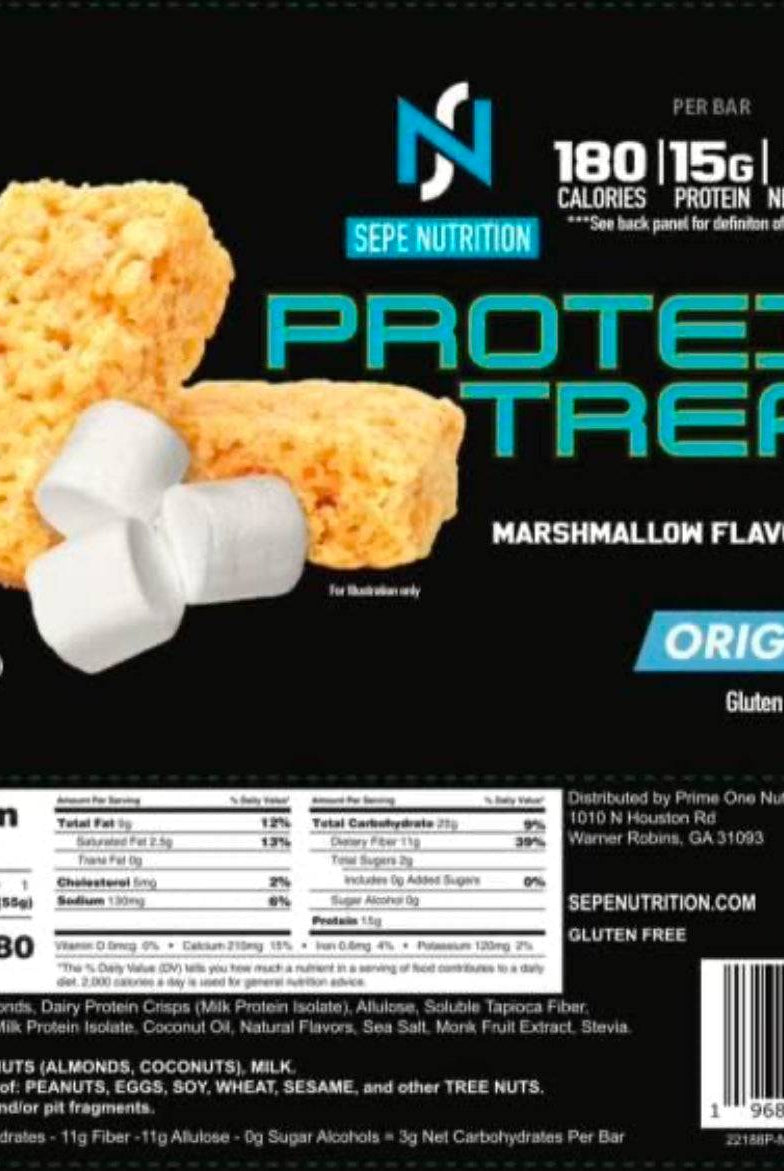 Sepe Nutrition Marshmallow Flavored Crisp Protein Treat label showing nutrition facts, 15g protein, 3g net carbs, gluten-free, keto-friendly snack bar.