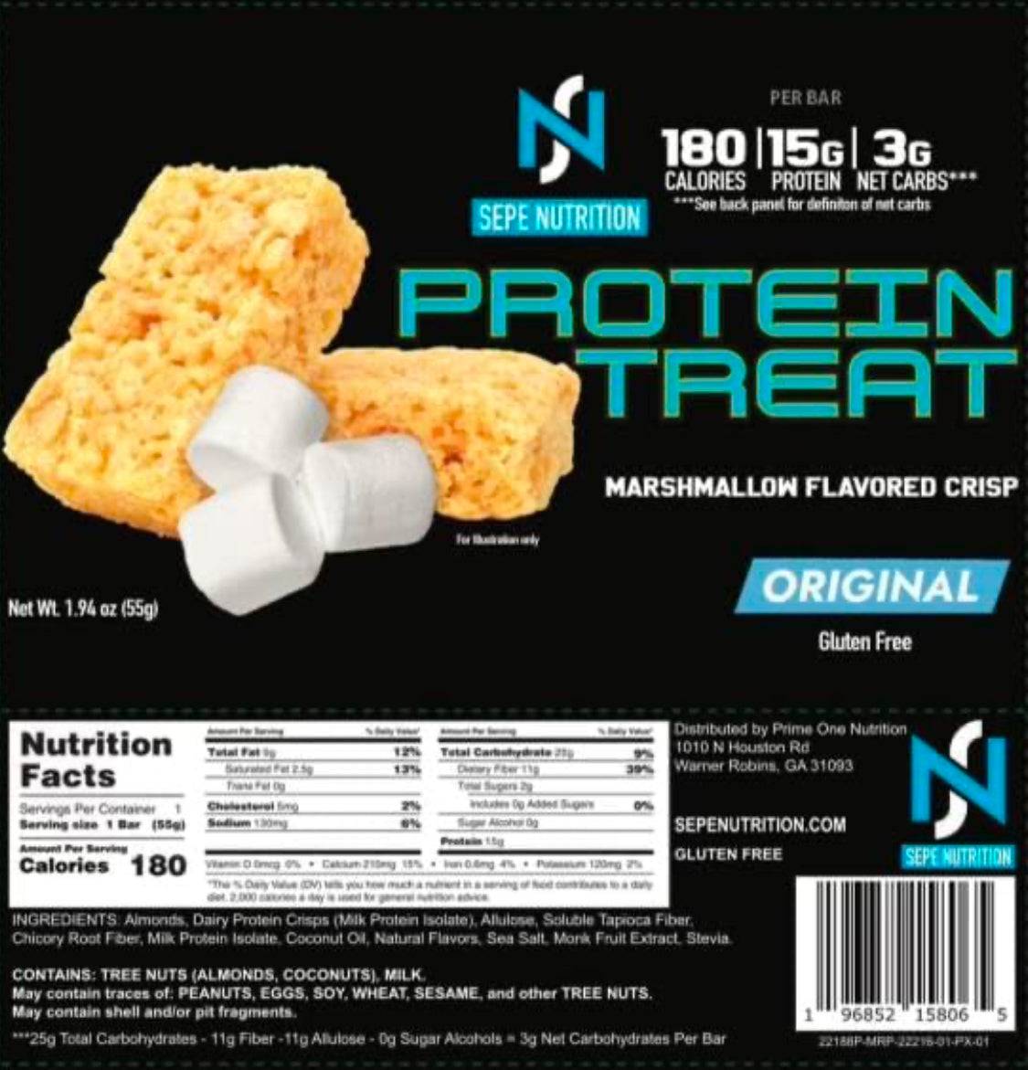 Sepe Nutrition Marshmallow Flavored Crisp Protein Treat label showing nutrition facts, 15g protein, 3g net carbs, gluten-free, keto-friendly snack bar.